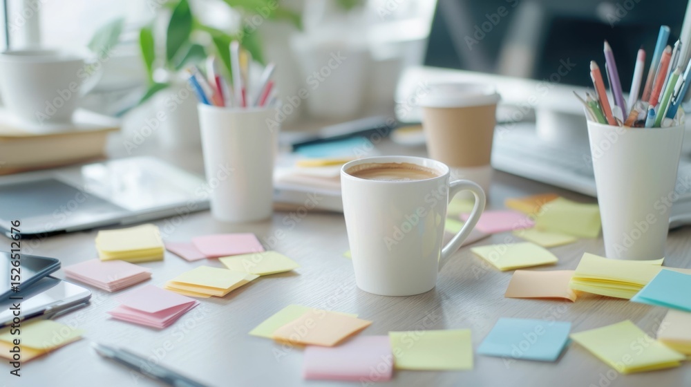Poster close up view of a colorful brainstorming session with various office supplies and coffee cups on a 