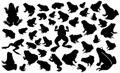 Frog Silhouettes Composition Pack: A captivating Vector compilation of frog silhouettes. Various frog poses, showcasing diverse shapes and sizes, add a touch of wildlife fascination.