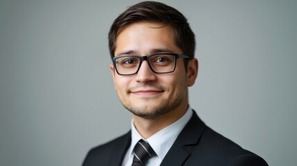 A young man in a suit and tie, smiling, against a gray background.
