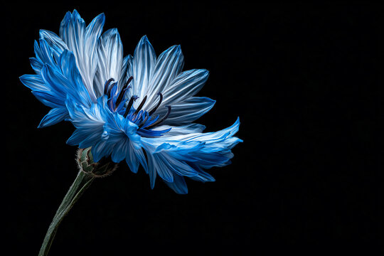 a blue flower with a black background