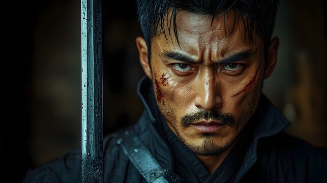 Intense and Determined Asian Assassin Gripping a Blade