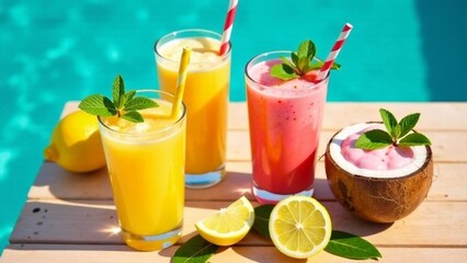 Refreshing tropical drinks on a sunny day by the poolside with vibrant colors and fresh ingredients