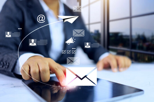 Business information concept with businessman sending e-mail to customers or affiliated to notification inform or announcement news and report project progression - Powered by Adobe