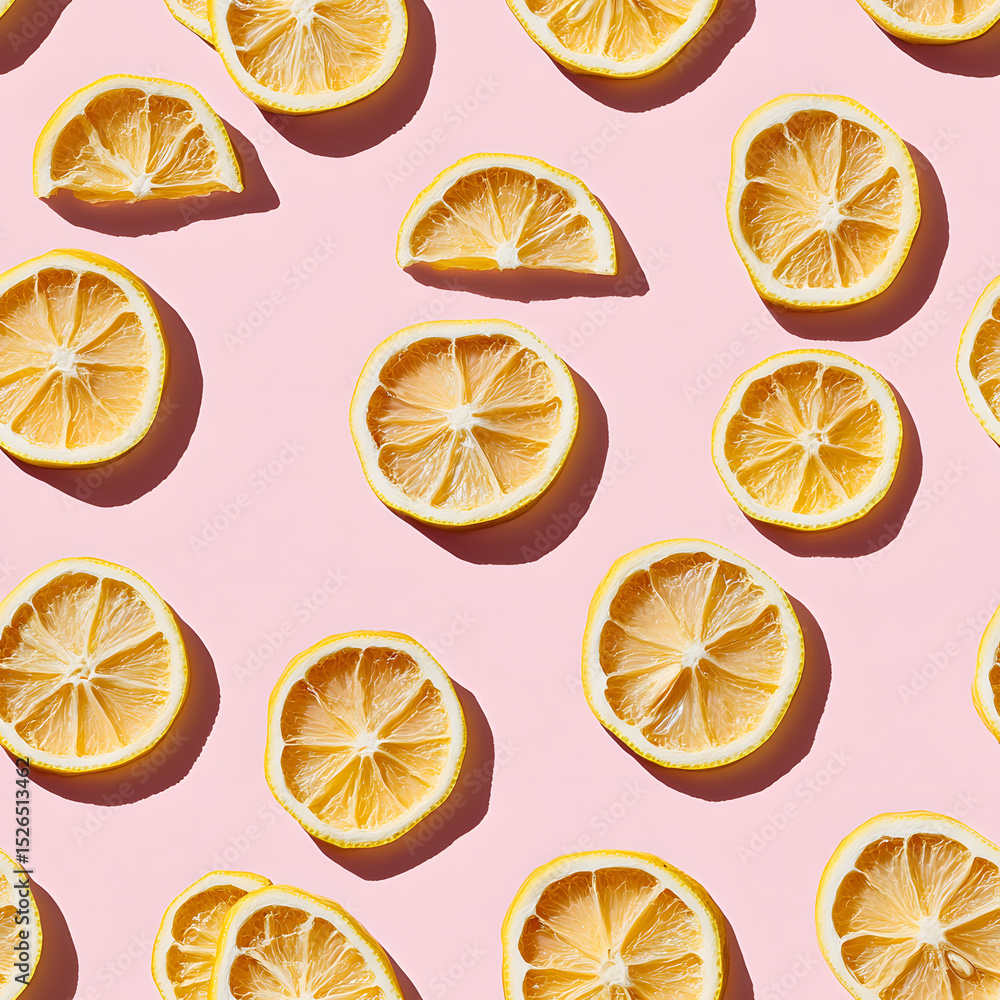 Poster uniform pattern of dried lemon slices with shadow on a pink background. flat lay
