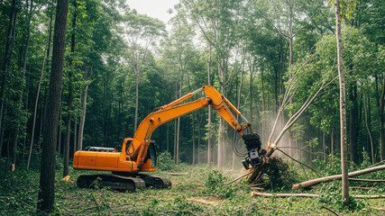 Excavator working on lush green forest during logging on a sunny day. Ecology and deforestation concept