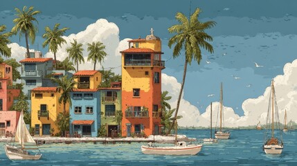 Colorful Tropical Island Houses and Boats in Sunny Seascape