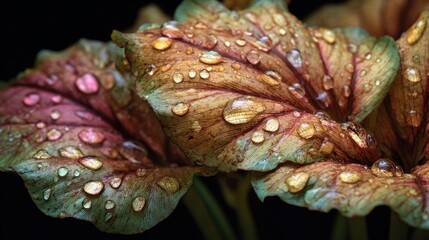 Close-Up of Red and Green Leaves with Water Droplets