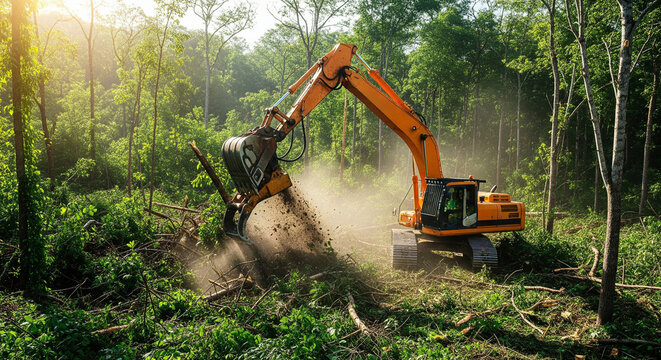 Excavator working on lush green forest during logging on a sunny day. Ecology and deforestation concept
