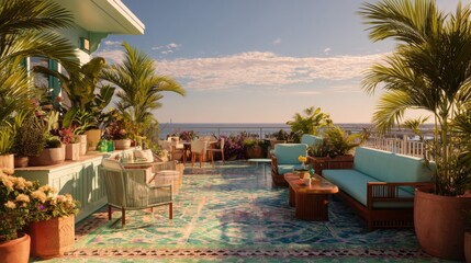 Ocean View Rooftop Terrace with Tropical Plants and Teal Furniture
