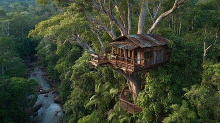 Elevated Treetop Cabin Overlooking Lush Jungle River