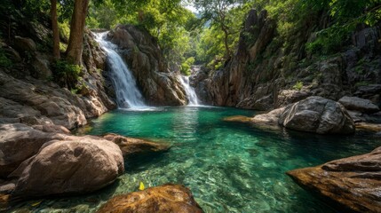 Clear Water Pool at Lush Waterfall in Tropical Forest