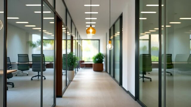 open empty modern space Blurred office interior with a hanging light bulb illuminating a wooden desk