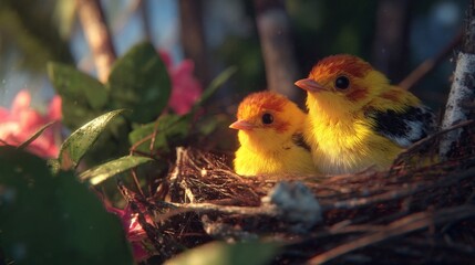 Two Fluffy Yellow Baby Birds in Nest Among Pink Flowers
