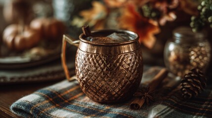 Autumnal Copper Mug Cocktail with Cinnamon Stick