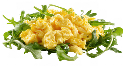 Soft and fluffy scrambled eggs are served on a bed of vibrant green arugula, creating a healthy and delicious breakfast or brunch option with transparent background