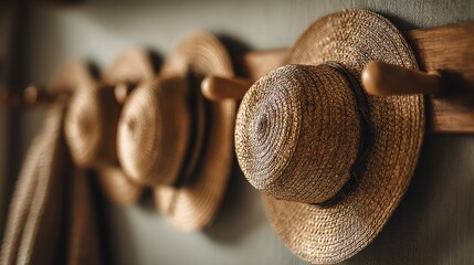 Close Up of Brown Straw Hats Hanging on Wooden Hook