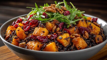 Butternut Squash and Black Rice Bowl with Cranberries and Pecans