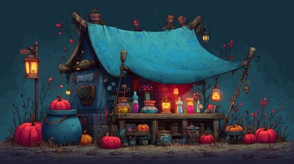 Enchanted Halloween Witch's Shop at Night
