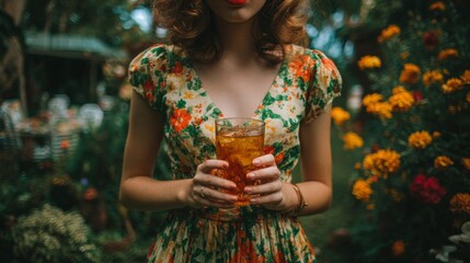 Woman in Floral Dress Holding Iced Drink in a Garden