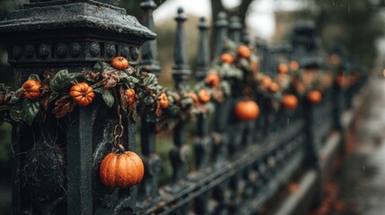Orange Pumpkins and Garland Adorn a Black Metal Fence on a Rainy Day