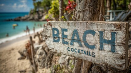Weathered Beach Cocktails Sign on Sandy Shore