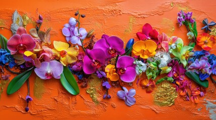 A vibrant composition featuring orchids framed in gold on orange velvet © Natchooda