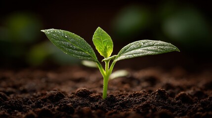 Close Up of a Young Green Plant Sprouting from Dark Soil