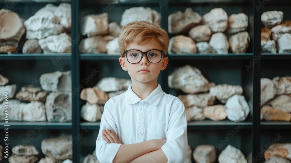 Poster inquisitive young boy with glasses intently examining and observing a collection of fossils and mine