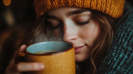Cozy woman enjoying a warm drink in a knitted hat.