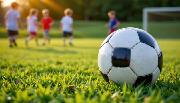 Soccer ball on green grass field with children playing soccer in background during sunset light