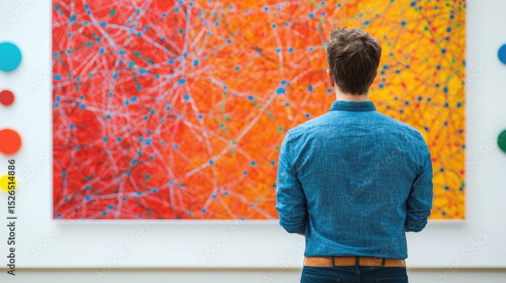 Poster visionary mapping out and brainstorming new ideas on a large vibrant abstract canvas in a bright and