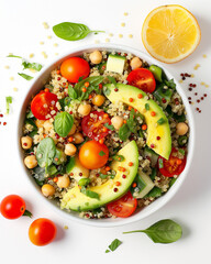 Vegan Nourish Bowl with avocado quinoa isolated on white