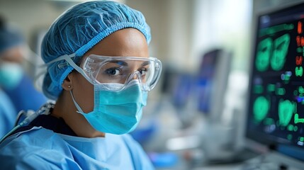 Masked surgeon monitors vital signs in operating room during surgery