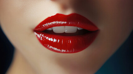 Fototapeta premium Red lips glossy closeup woman beauty sensual makeup smooth skin Glossy red lips closeup of woman sensual and beautiful showing