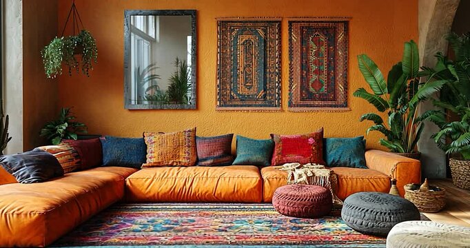 An interior shot of a living room with a vibrant orange couch a large mirror and decorative textile panels. The room has an orange wall. There is an array of plants and pillows