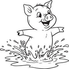 A black and white cartoon sketch of a happy pig splashing in a puddle, bold