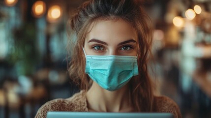 Masked woman with tablet in cafe, blurred background