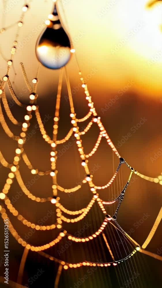 Poster abstract spiderweb with water droplets glistening in the soft sunlight, creating a delicate golden p