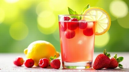 Refreshing summer beverage with citrus and berries garnished with mint leaves