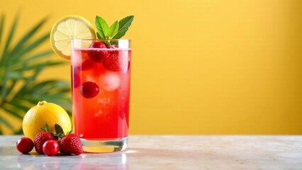 Refreshing raspberry lemonade with lemon slice and mint leaves on bright yellow background
