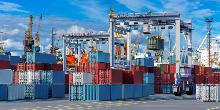 Container cranes and stacked cargo containers at a busy seaport terminal with ships and logistics equipment operating in global shipping. - Port. Customs. Warehouse.