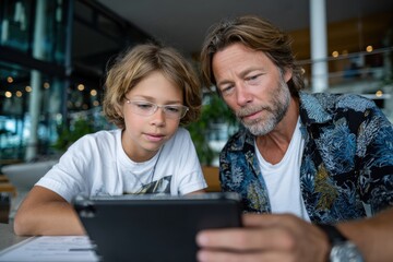 A father and son sitting together, exploring a tablet, showcasing a moment of bonding, technology use, and shared learning in a casual environment.