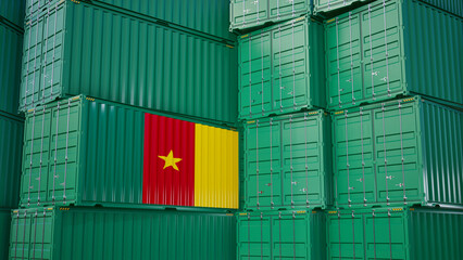 Cargo shipping container with cameroon flag, shipping and freight transportation of cameroon concept.