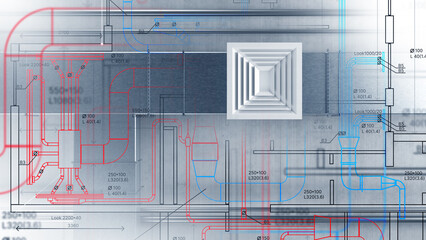 Air handling unit. Ventilation pipes under roof. Air-conditioning ducts with drawings. Industrial utilities for air filtration. Square vents shafts. Design of air handling unit. 3d image