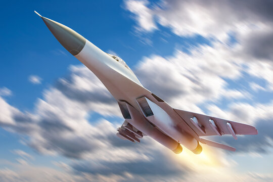 Jet plane in sky. Military plane among clouds. Fighter with missiles under its wings. Military plane takes off. Fighter jet of armed forces. Airplane flies during military mission. 3d image