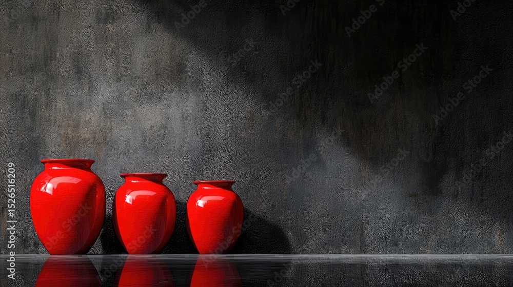Poster clean, bold image of three red jars with reflections, perfectly spaced