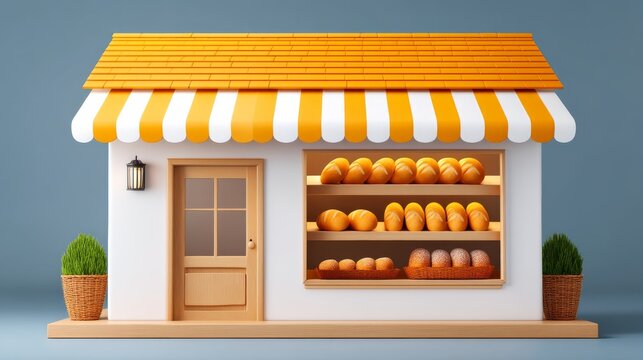 3D Illustration of a Charming Bakery Shop with Fresh Bread and Pastries on Display