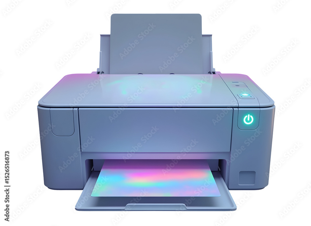 Poster modern printer with glowing power button and colorful light reflections on paper