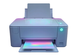 Modern printer with glowing power button and colorful light reflections on paper