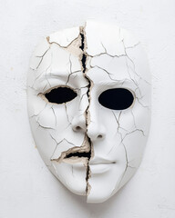 Cracked white mask with broken surface, symbolizing duality and hidden emotions. mask is isolated against white background